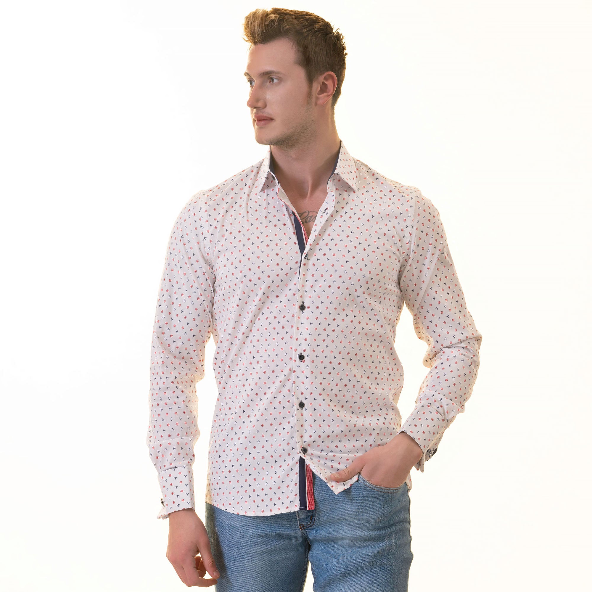 White Blue & Red Anchor French Cuff Shirt - Men’s Slim Fit European Shirt - Image 9