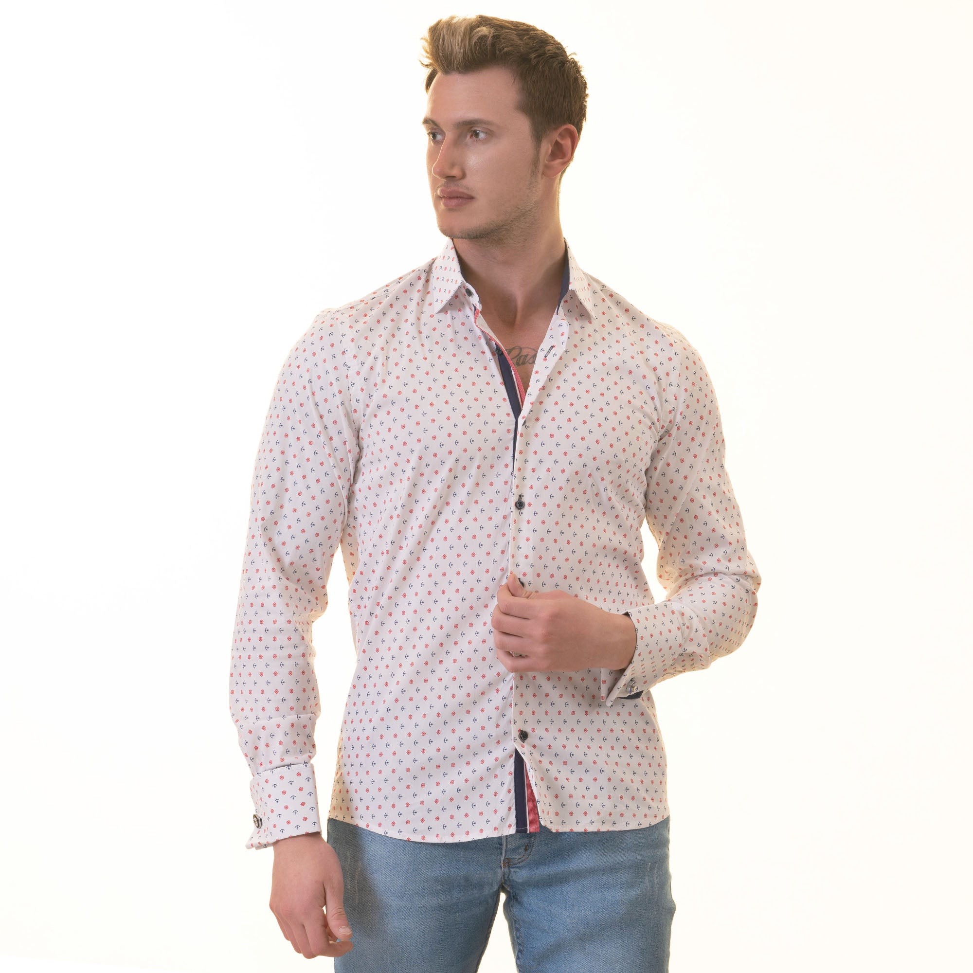 White Blue & Red Anchor French Cuff Shirt - Men’s Slim Fit European Shirt - Image 7