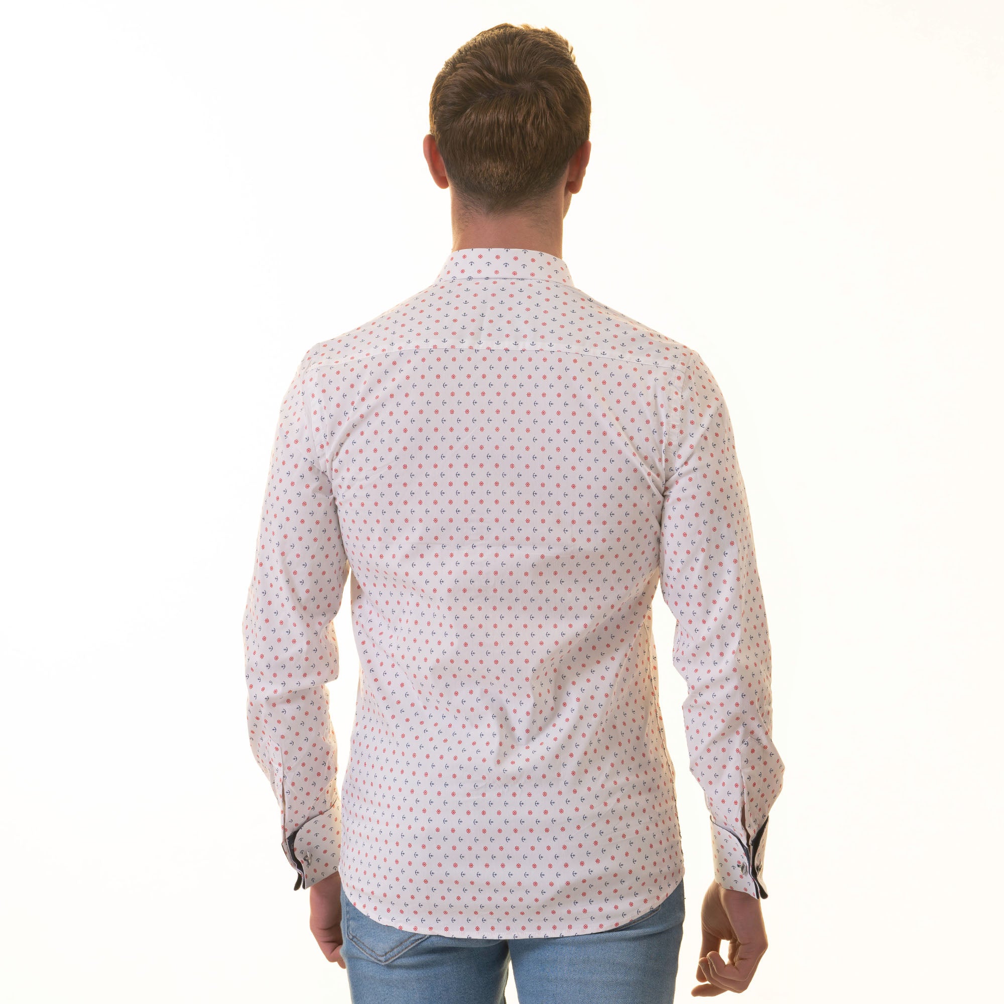 White Blue & Red Anchor French Cuff Shirt - Men’s Slim Fit European Shirt - Image 8