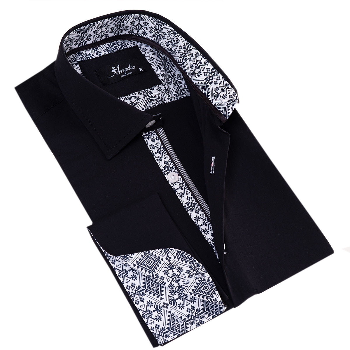 Black French Dubble Cuff Shirt - Slim Fit Long-Sleeved (Geometric Pattern Inside) - Image 3