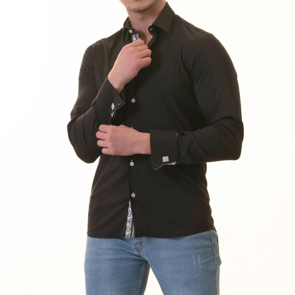 Black French Dubble Cuff Shirt - Slim Fit Long-Sleeved (Geometric Pattern Inside)