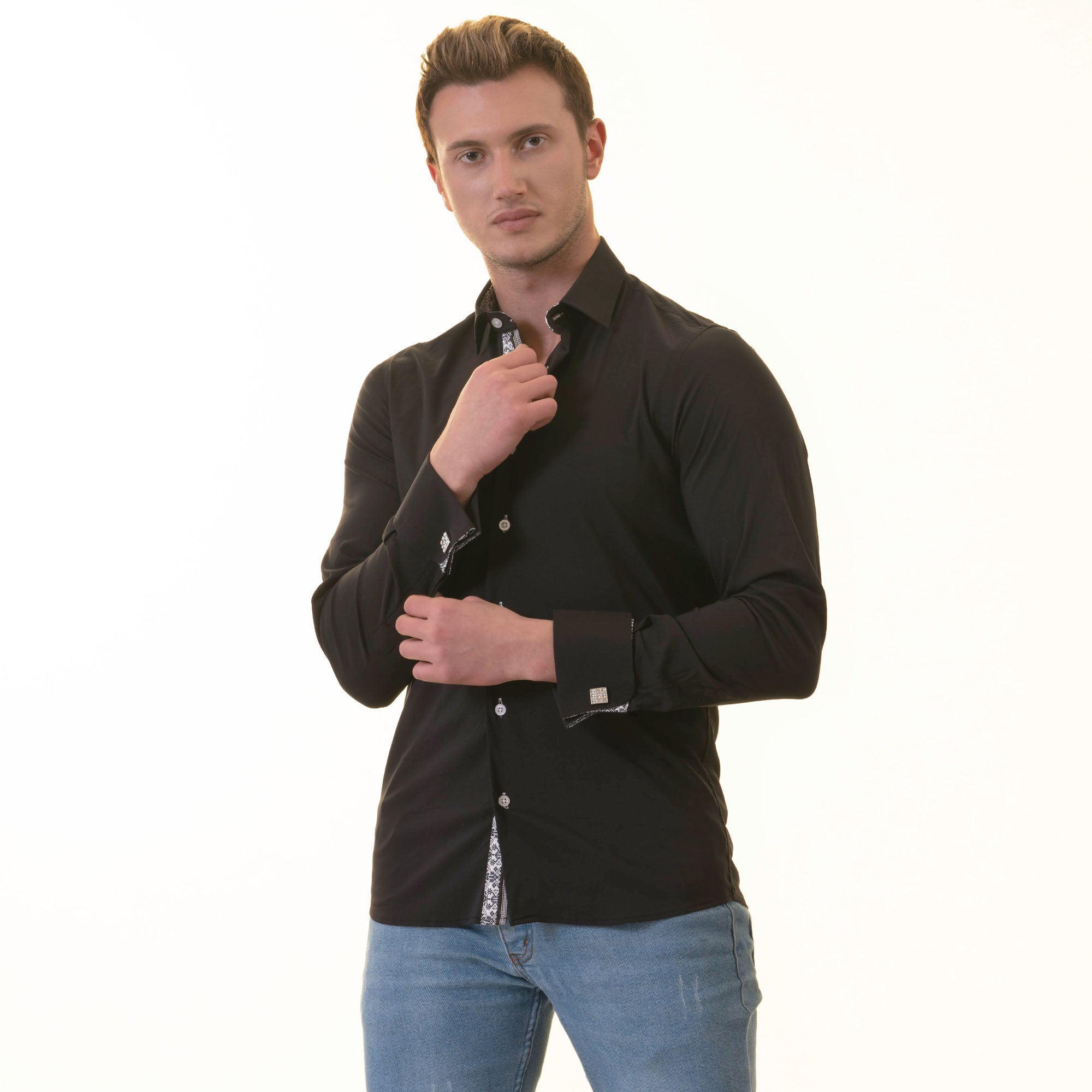 Black French Dubble Cuff Shirt - Slim Fit Long-Sleeved (Geometric Pattern Inside) - Image 6