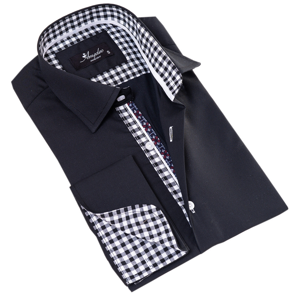 Black French Cuff Shirt - Men's Slim Fit Long-Sleeved (Checkered Design Inside) - Image 3