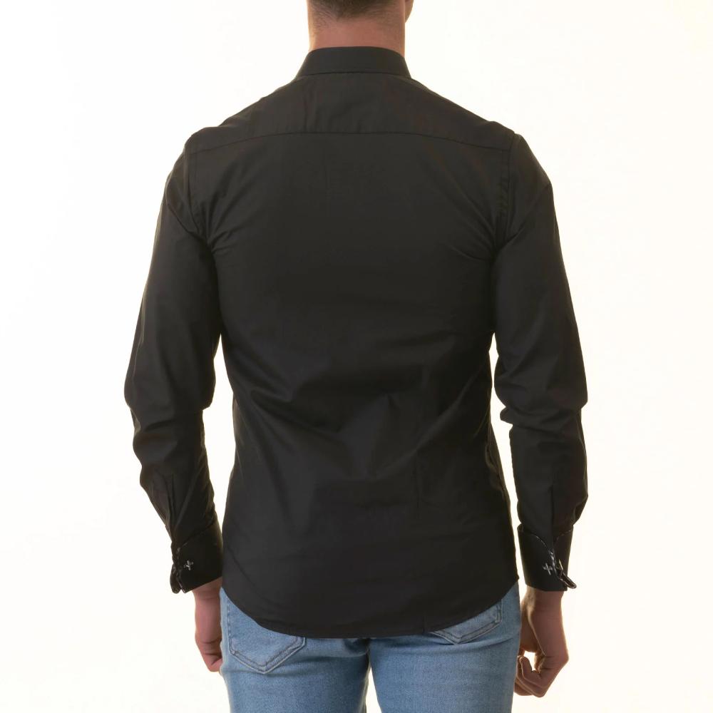 Black French Cuff Shirt - Men's Slim Fit Long-Sleeved (Checkered Design Inside) - Image 2