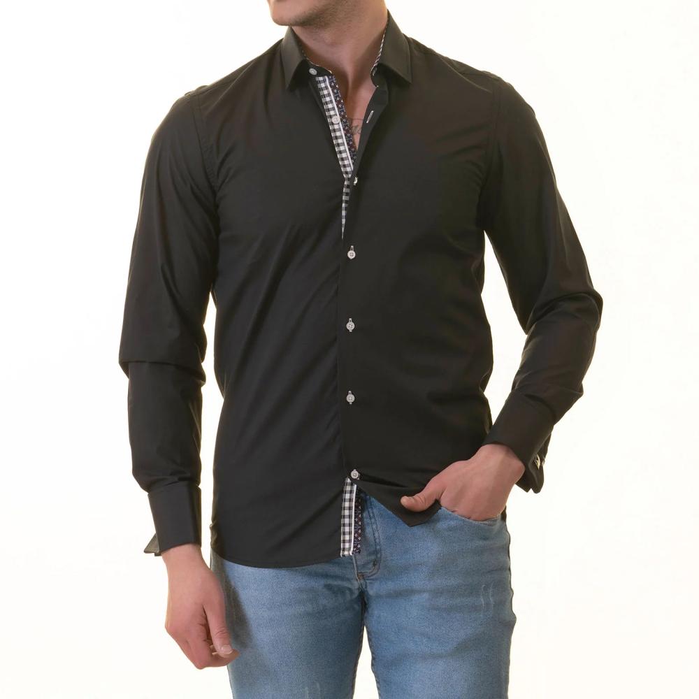 Black French Cuff Shirt - Men's Slim Fit Long-Sleeved (Checkered Design Inside)