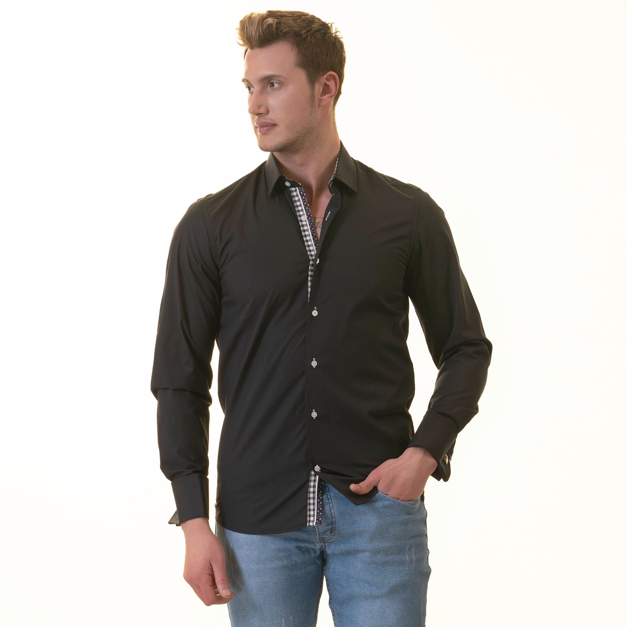 Black French Cuff Shirt - Men's Slim Fit Long-Sleeved (Checkered Design Inside) - Image 5