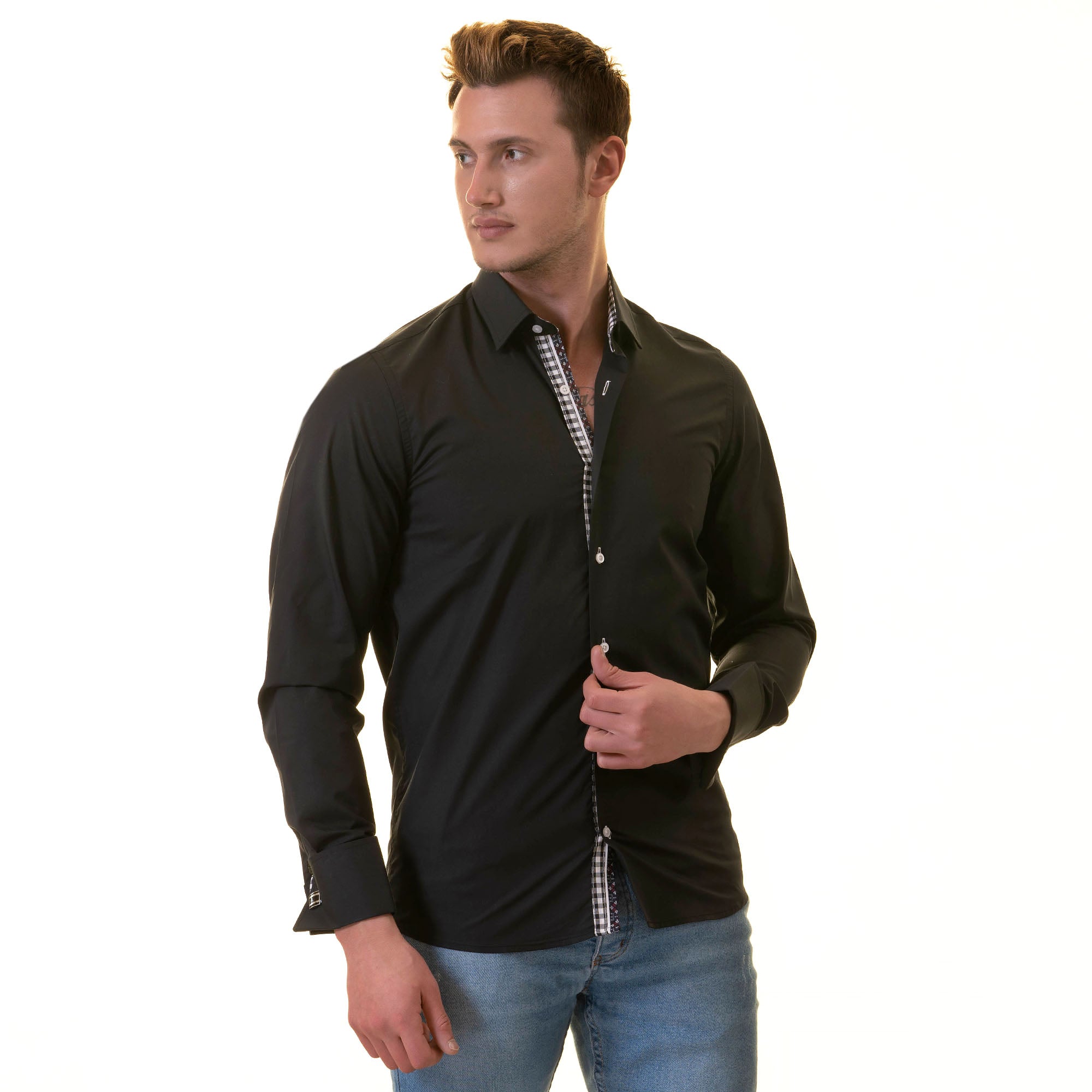 Black French Cuff Shirt - Men's Slim Fit Long-Sleeved (Checkered Design Inside) - Image 6