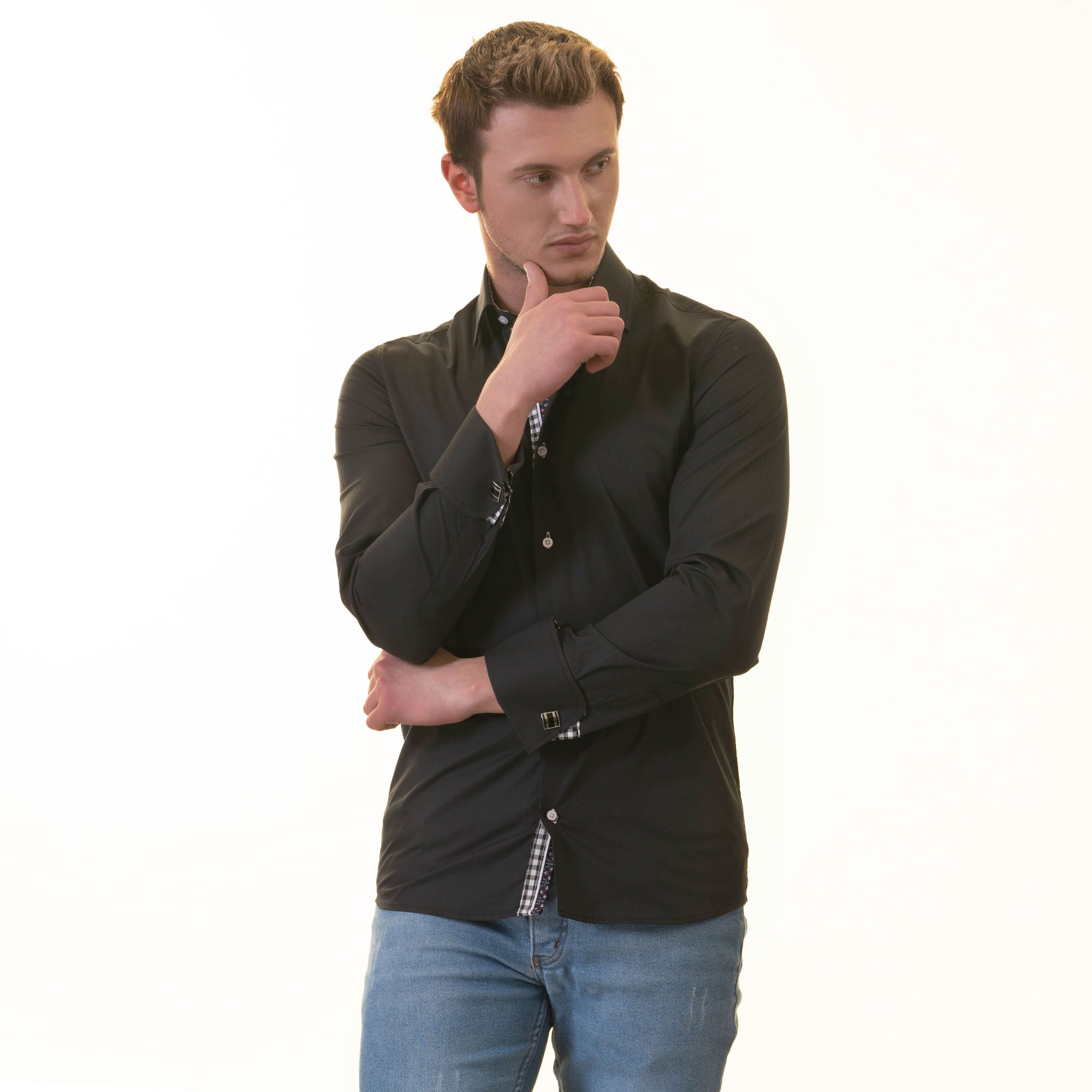 Black French Cuff Shirt - Men's Slim Fit Long-Sleeved (Checkered Design Inside) - Image 7