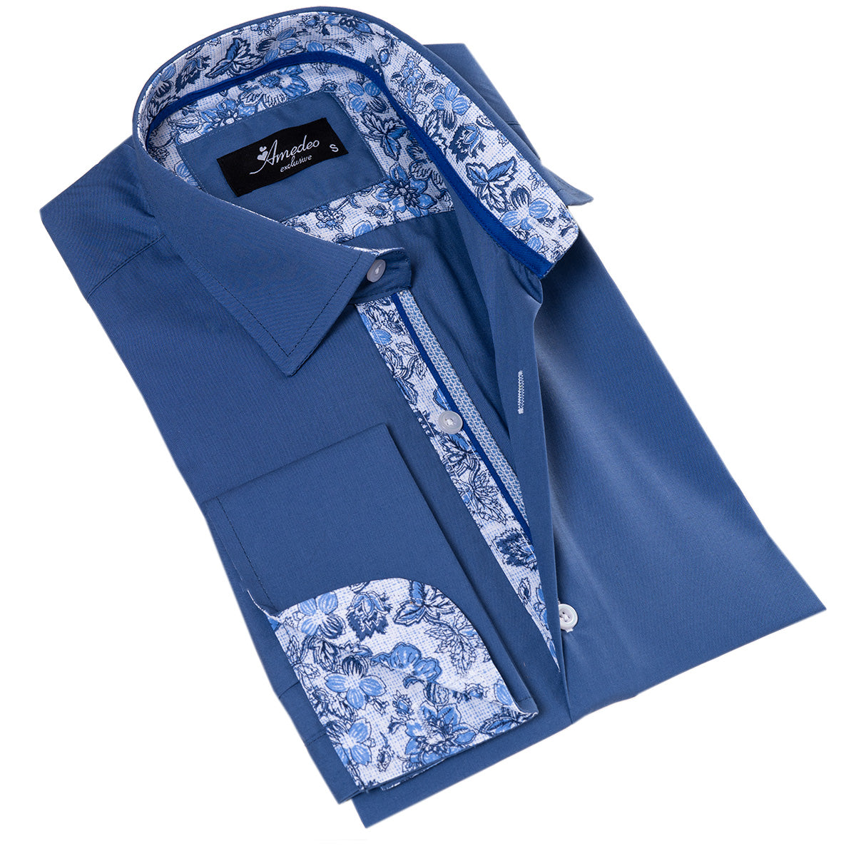 Blue French Cuff T-Shirt - Long Sleeve Slim Fit T-Shirt (Paisley Design Inside) - Image 3