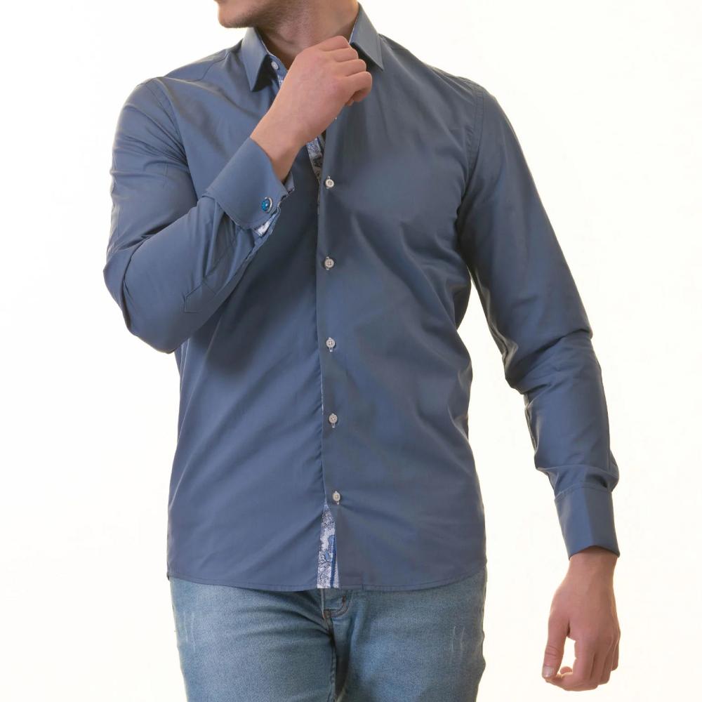 Blue French Cuff T-Shirt - Long Sleeve Slim Fit T-Shirt (Paisley Design Inside)