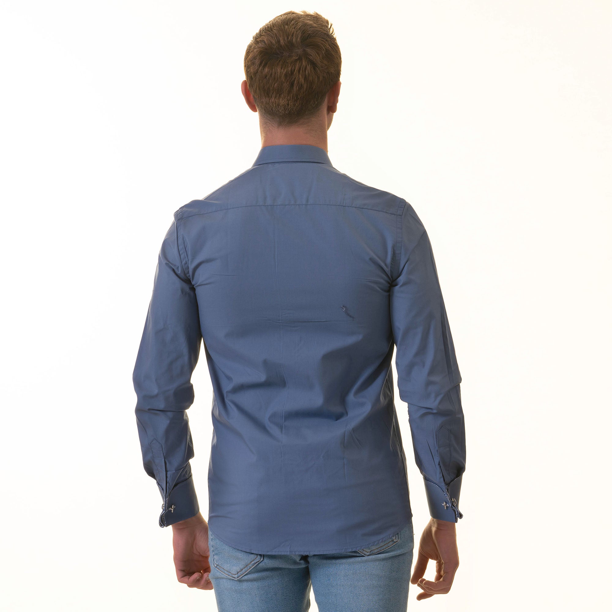 Blue French Cuff T-Shirt - Long Sleeve Slim Fit T-Shirt (Paisley Design Inside) - Image 7
