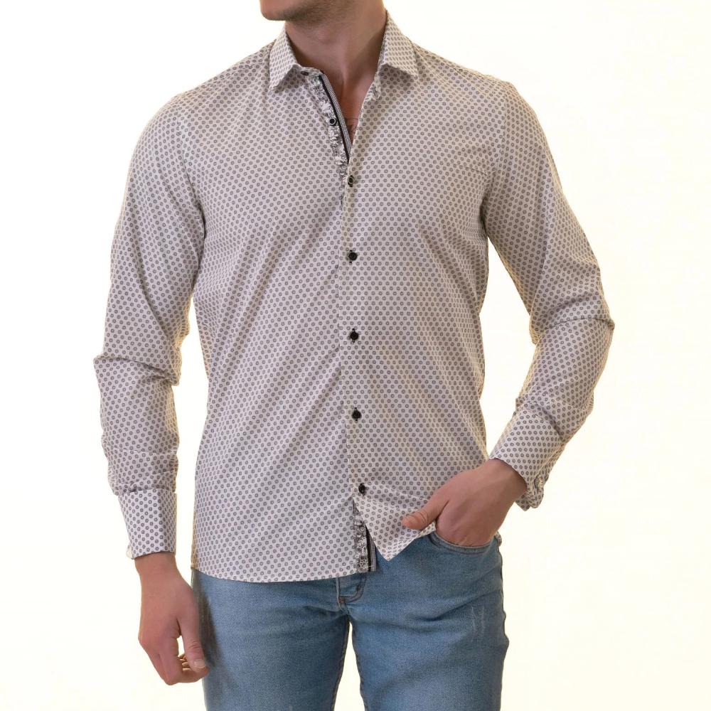 White Polka Dot Printed French Cuff T-Shirt - Men’s Long Sleeve Slim Fit T-Shirt