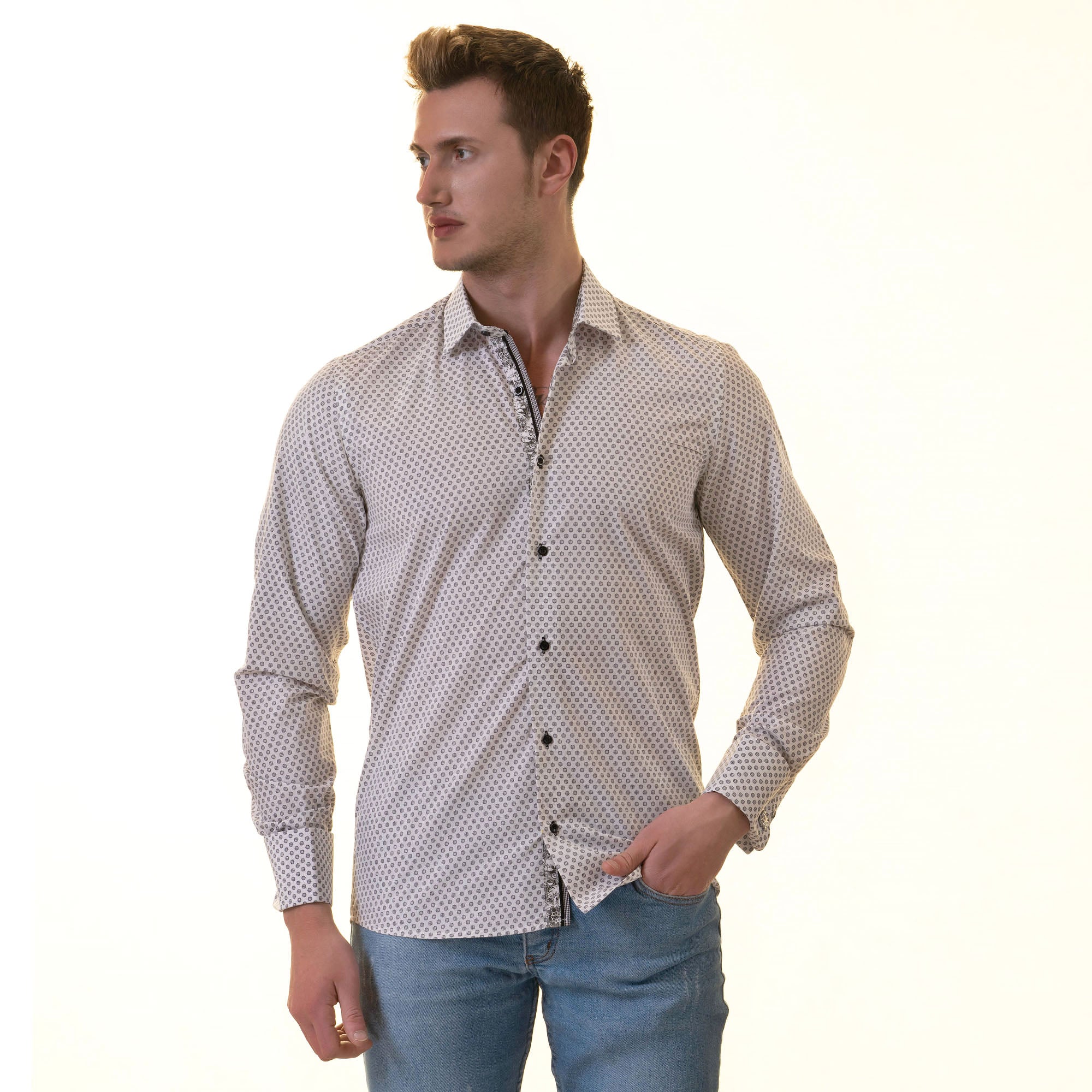 White Polka Dot Printed French Cuff T-Shirt - Men’s Long Sleeve Slim Fit T-Shirt - Image 5