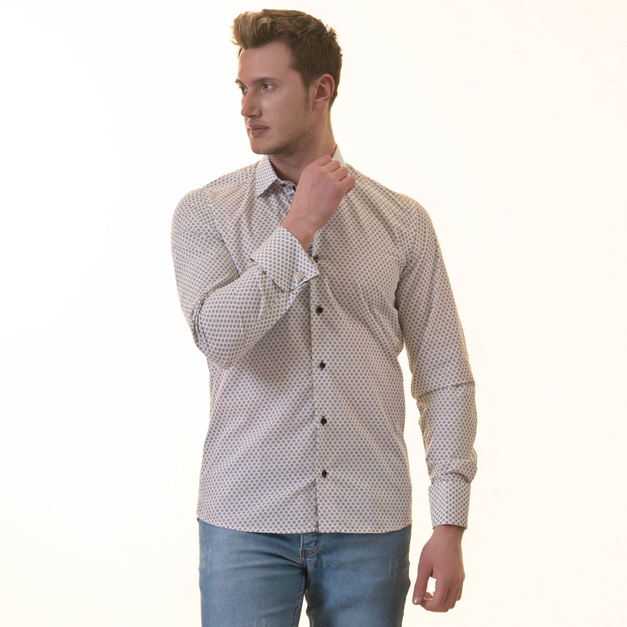 White Polka Dot Printed French Cuff T-Shirt - Men’s Long Sleeve Slim Fit T-Shirt - Image 6