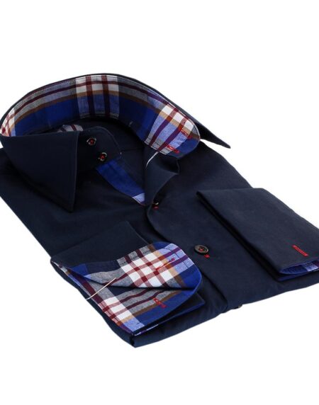 Navy Blue Red Check Mens Slim Fit French Cuff Dress Shirts with Cufflink Holes - Casual and Formal - Amedeo Exclusive