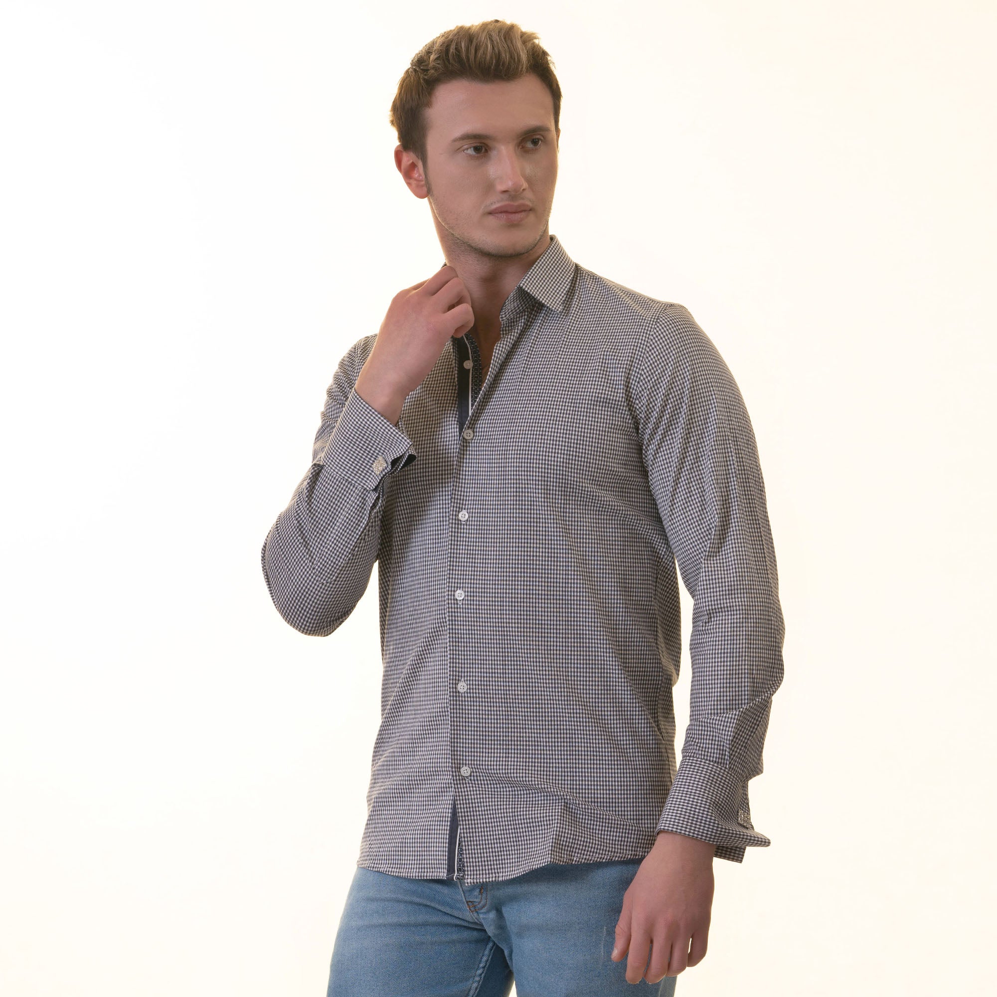 Black Checkered French Cuff T-Shirt - Men’s Long Sleeve Slim Fit Cotton T-Shirt - Image 7