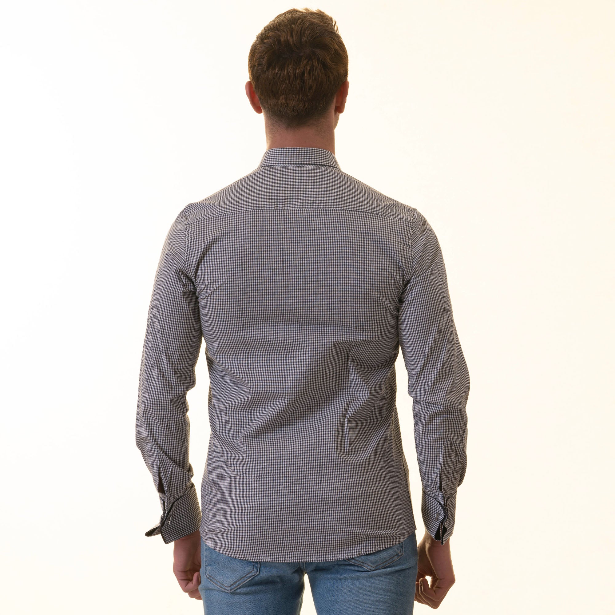 Black Checkered French Cuff T-Shirt - Men’s Long Sleeve Slim Fit Cotton T-Shirt - Image 4