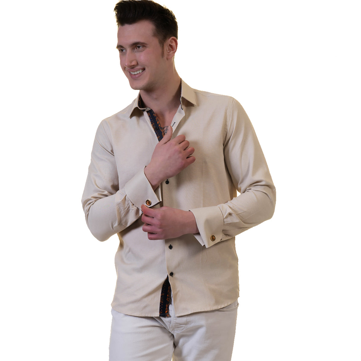 Off White Mens Slim Fit French Cuff Shirts with Cufflink Holes - Casual and Formal - Image 3
