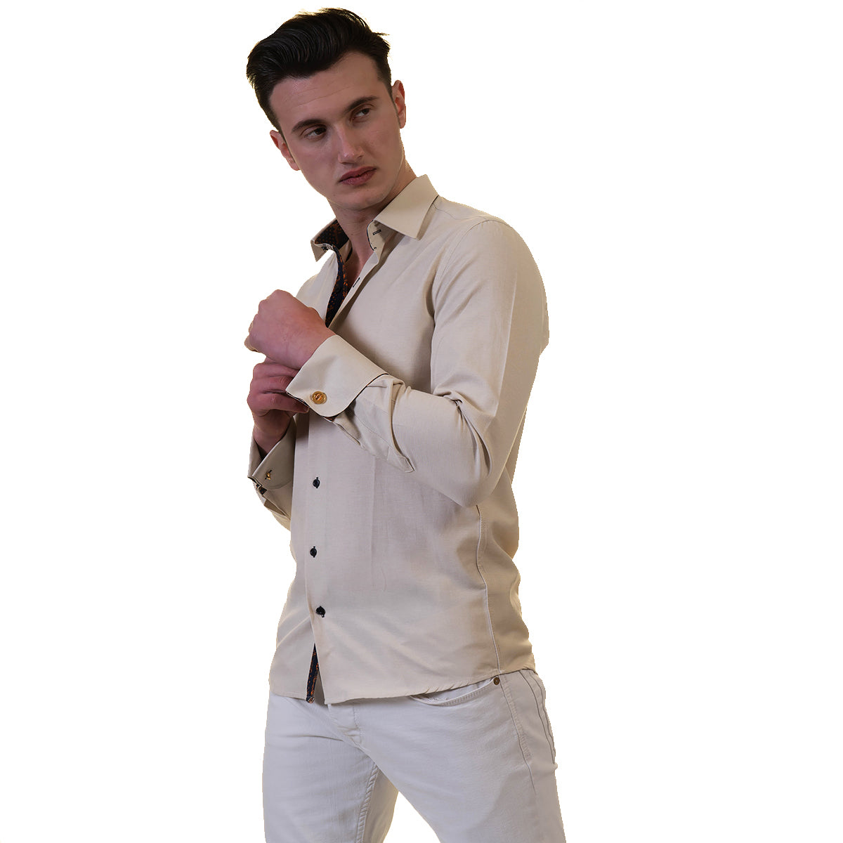 Off White Mens Slim Fit French Cuff Shirts with Cufflink Holes - Casual and Formal - Image 4