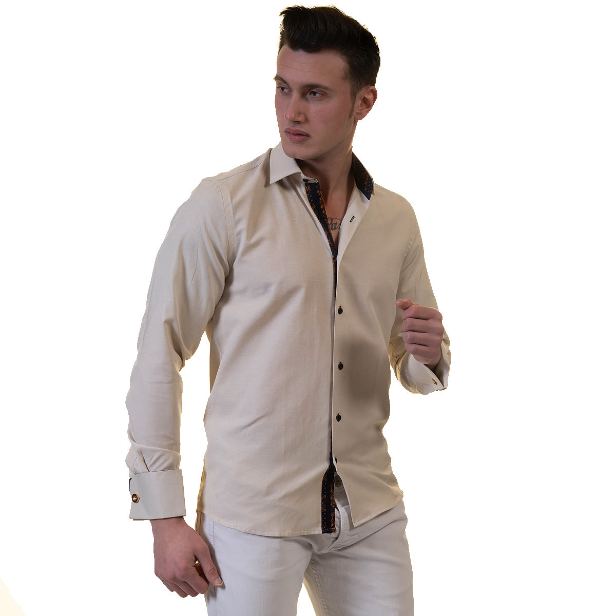 Off White Mens Slim Fit French Cuff Shirts with Cufflink Holes - Casual and Formal - Image 5