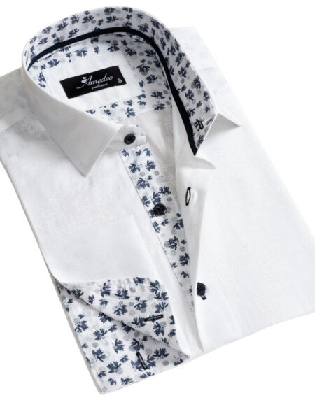 White and Blue Floral Dark Purple Men's Slim Fit French Cuff Dress Shirts with Cufflink Holes - Casual and Formal - Amedeo Exclusive