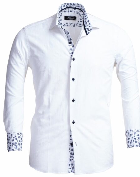 White and Blue Floral Dark Purple Men's Slim Fit French Cuff Dress Shirts with Cufflink Holes - Casual and Formal - Amedeo Exclusive