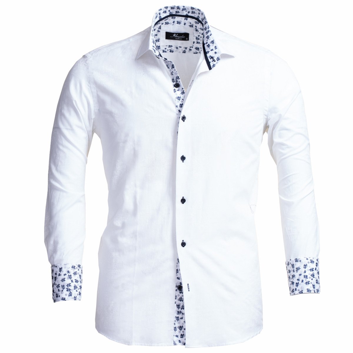 White and Blue Floral Dark Purple Men's Slim Fit French Cuff Dress Shirts with Cufflink Holes - Casual and Formal - Amedeo Exclusive