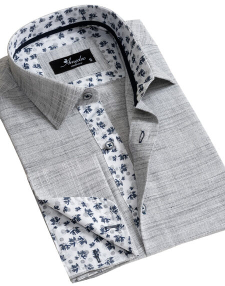 Grey Dark Purple Men's Slim Fit French Cuff Dress Shirts with Cufflink Holes - Casual and Formal - Amedeo Exclusive