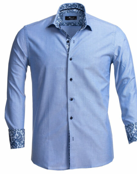 Blue Men's Slim Fit French Cuff Dress Shirts with Cufflink Holes - Casual and Formal - Amedeo Exclusive