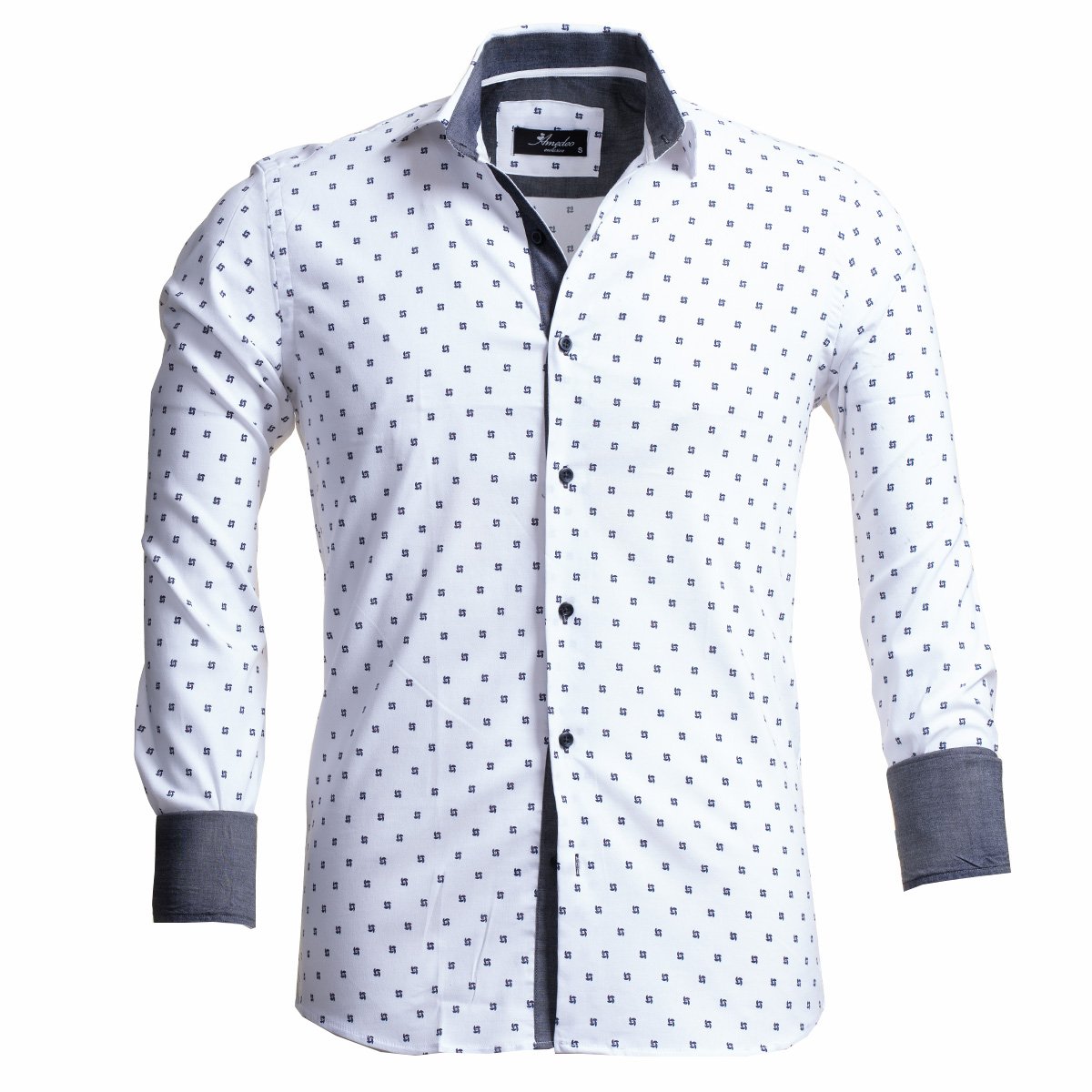 White With Black Dots Men's Slim Fit French Cuff Dress Shirts with Cufflink Holes - Casual and Formal - Amedeo Exclusive