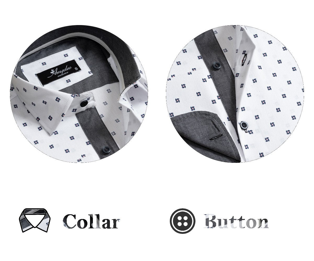 White With Black Dots Men's Slim Fit French Cuff Dress Shirts with Cufflink Holes - Casual and Formal - Amedeo Exclusive