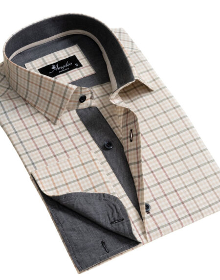 Tan Checked Men's Slim Fit French Cuff Dress Shirts with Cufflink Holes - Casual and Formal - Amedeo Exclusive