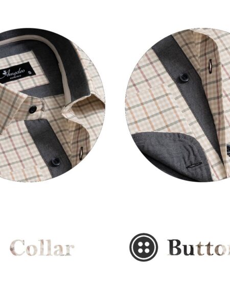 Tan Checked Men's Slim Fit French Cuff Dress Shirts with Cufflink Holes - Casual and Formal - Amedeo Exclusive