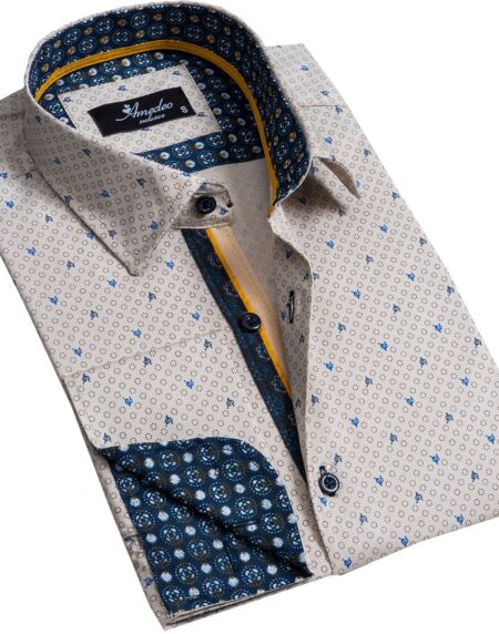 Beige Mens Slim Fit French Cuff Dress Shirts with Cufflink Holes - Casual and Formal - Amedeo Exclusive