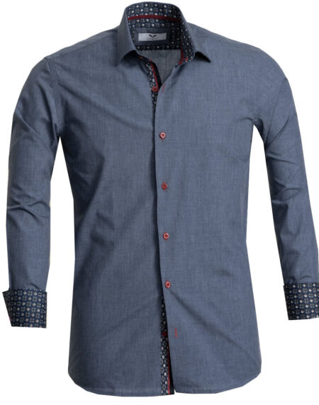 Denim Blue Mens Slim Fit French Cuff Dress Shirts with Cufflink Holes - Casual and Formal - Amedeo Exclusive