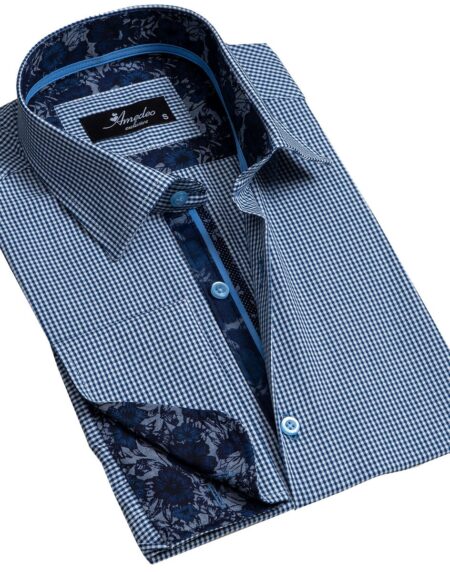 Blue Checkered Mens Slim Fit French Cuff Dress Shirts with Cufflink Holes - Casual and Formal - Amedeo Exclusive