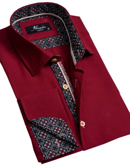 Solid Burgandy Mens Slim Fit French Cuff Dress Shirts with Cufflink Holes - Casual and Formal - Amedeo Exclusive