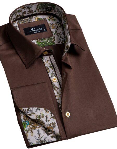 Solid Choclate Brown Mens Slim Fit French Cuff Dress Shirts with Cufflink Holes - Casual and Formal - Amedeo Exclusive