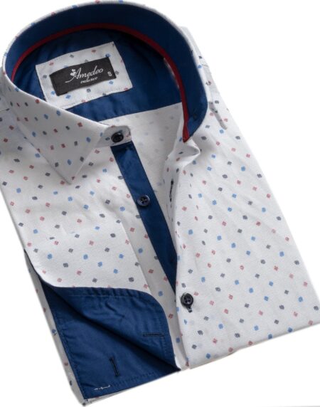 White and Blue Design Mens Slim Fit Designer Dress Shirt - tailored Cotton Shirts for Work and Casual Wear - Amedeo Exclusive