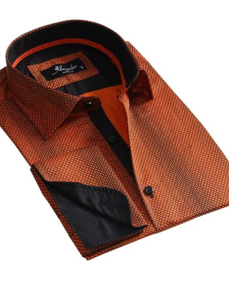 Orange Design Mens Slim Fit French Cuff Dress Shirts with Cufflink Holes - Casual and Formal - Amedeo Exclusive