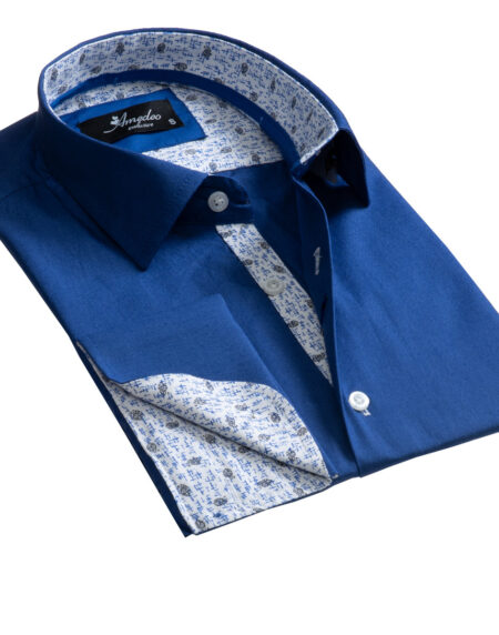 Medium Blue Design Mens Slim Fit French Cuff Dress Shirts with Cufflink Holes - Casual and Formal - Amedeo Exclusive