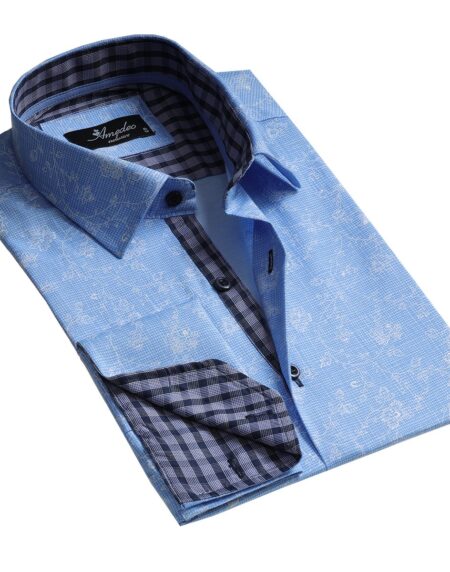Blue Floral Mens Slim Fit French Cuff Dress Shirts with Cufflink Holes - Casual and Formal - Amedeo Exclusive