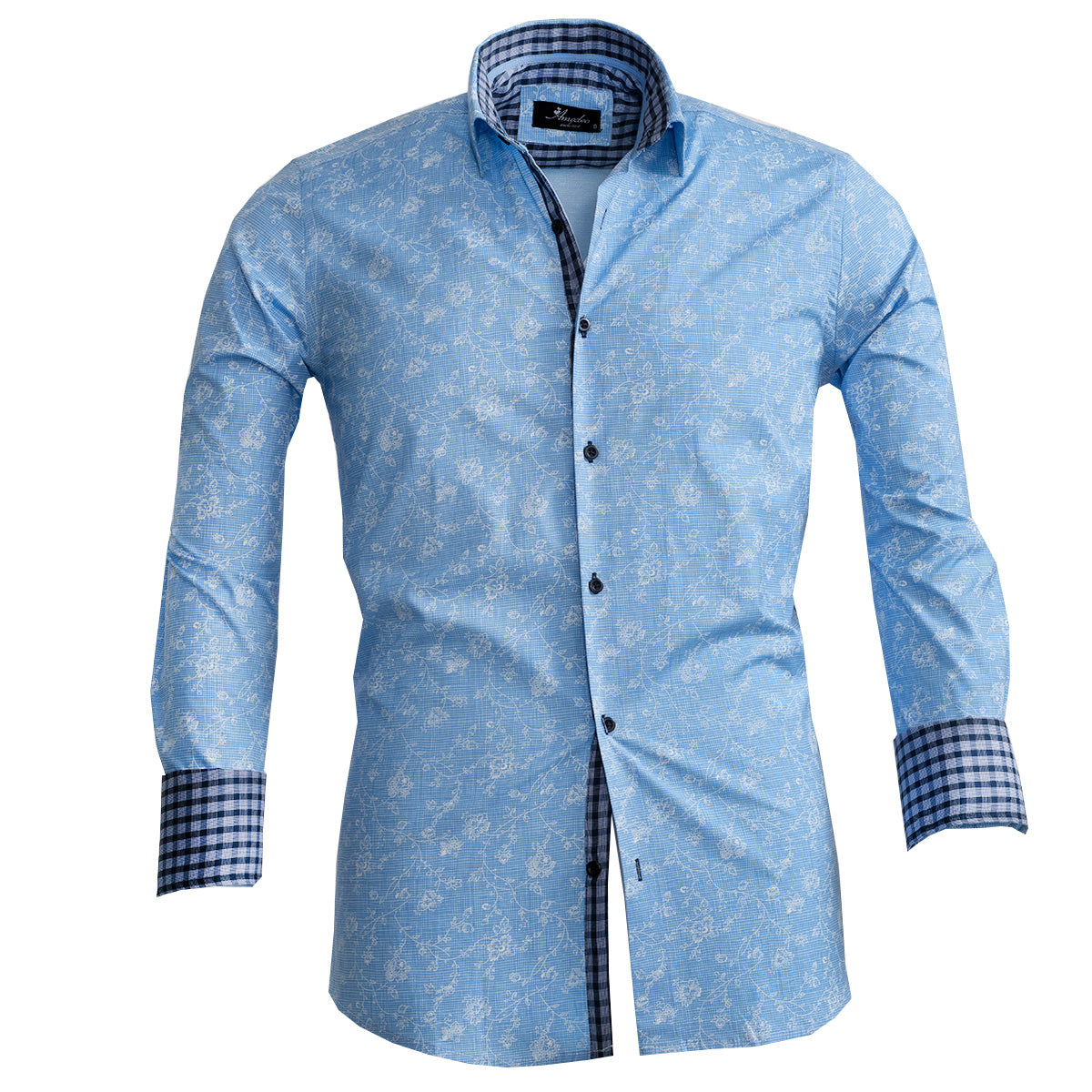 Blue Floral Mens Slim Fit French Cuff Shirts with Cufflink Holes - Casual and Formal - Image 2