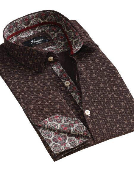 Brown Mens Slim Fit French Cuff Dress Shirts with Cufflink Holes - Casual and Formal - Amedeo Exclusive