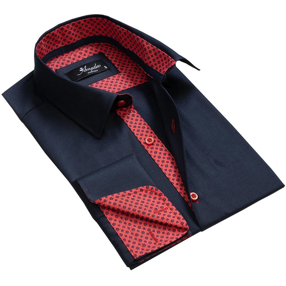 Navy Blue Red Mens Slim Fit Designer Dress Shirt - tailored Cotton Shirts for Work and Casual Wear - Amedeo Exclusive