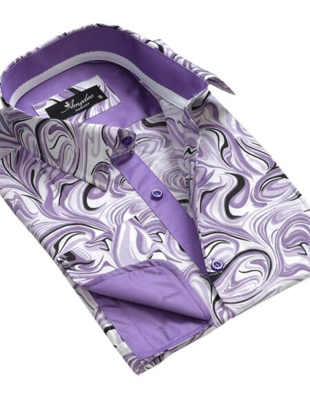 Purple White Swirls Mens Slim Fit French Cuff Dress Shirts with Cufflink Holes - Casual and Formal - Amedeo Exclusive
