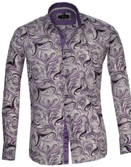 Purple White Swirls Mens Slim Fit French Cuff Dress Shirts with Cufflink Holes - Casual and Formal - Amedeo Exclusive