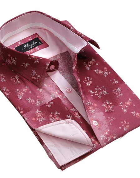 Red Floral Sheen Mens Slim Fit French Cuff Dress Shirts with Cufflink Holes - Casual and Formal - Amedeo Exclusive