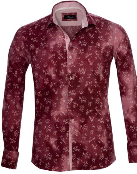 Red Floral Sheen Mens Slim Fit French Cuff Dress Shirts with Cufflink Holes - Casual and Formal - Amedeo Exclusive