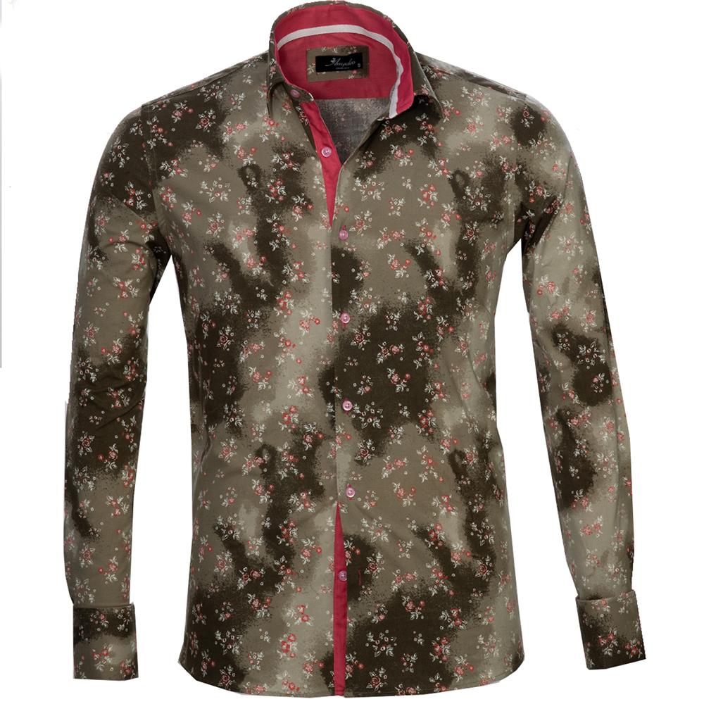 Gold Floral Sheen Mens Slim Fit French Cuff Dress Shirts with Cufflink Holes - Casual and Formal - Amedeo Exclusive